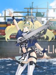 Rule 34 | 1girl, ahoge, anno88888, blonde hair, blue eyes, blue jacket, blue ribbon, blue sky, breast pocket, breasts, cloud, collared shirt, container ship, cowboy shot, flight deck, gambier bay (kancolle), gambier bay mk ii (kancolle), hair ribbon, hairband, half-skirt, highres, jacket, kantai collection, large breasts, navel, ocean, open collar, open mouth, pocket, ribbon, shirt, short sleeves, sky, solo, thighhighs, twintails, wrist ribbon, wristband