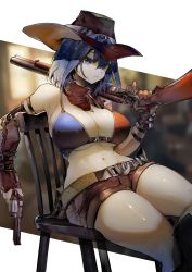 Rule 34 | 1girl, absurdres, bikini, bikini top only, blue eyes, blue hair, breasts, chair, cleavage, cowboy, cowboy hat, cowboy western, curvy, double-barreled shotgun, fingerless gloves, gloves, gun, hair intakes, handgun, hat, highres, hololive, hololive english, large breasts, navel, neckerchief, ouro kronii, red neckerchief, revolver, short hair, short shorts, shorts, shotgun, sitting, solo, swimsuit, thick thighs, thighs, virtual youtuber, vyragami, weapon, western, wide hips