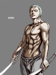 Rule 34 | 1boy, abs, character name, dual wielding, earrings, green hair, holding, jewelry, male focus, muscular, one piece, roronoa zoro, scar, topless male, solo, sword, weapon