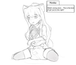 Rule 34 | 1girl, adult baby, artist request, bdsm, blush, diaper, doki doki literature club, english text, greyscale, heart, heart print, looking at viewer, monika (doki doki literature club), monochrome, on floor, pee, peeing, print diaper, print underwear, puddle, sitting, sketch, solo, source request, tagme, text focus, thighhighs, underwear, wariza, wet diaper