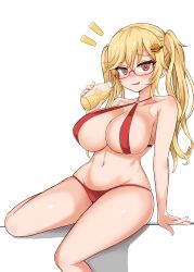 Rule 34 | 1girl, absurdres, bikini, blush, breasts, cleavage, female focus, glasses, highres, kim wang jang, looking at viewer, original, red bikini, red eyes, simple background, solo, swimsuit, twintails, white background
