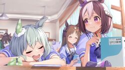 Rule 34 | 5girls, animal ears, blue eyes, blurry, blush, book, bow, bowtie, braid, brown hair, chopsticks, classroom, closed eyes, commentary, depth of field, desk, domino mask, drooling, ear covers, ear ribbon, eating, el condor pasa (umamusume), extra, food, food on face, golden generation (umamusume), grass wonder (umamusume), hair between eyes, hair ornament, hair scrunchie, hamanashi (trapiorra), highres, holding, holding chopsticks, horse ears, horse girl, horseshoe ornament, light green hair, looking at another, mask, mouth drool, multiple girls, open book, pouch, puffy short sleeves, puffy sleeves, purple bow, purple bowtie, purple eyes, purple ribbon, purple serafuku, purple shirt, ribbon, rice, sailor collar, sailor shirt, school uniform, scrunchie, seiun sky (umamusume), serafuku, shirt, short hair, short sleeves, signature, single ear cover, sleeping, smile, special week (umamusume), tracen school uniform, umamusume, white hair