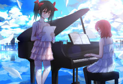 Rule 34 | 10s, 2girls, black hair, blush, bow, caibao return, chemise, cityscape, grand piano, hair bow, instrument, looking at another, love live!, love live! school idol project, multiple girls, nishikino maki, over-kneehighs, paper, piano, piano bench, red eyes, red hair, sheet music, short hair, smile, tareme, thighhighs, tsurime, twintails, white legwear, yazawa nico, zettai ryouiki