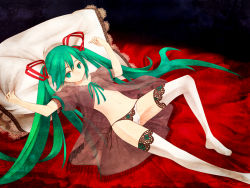Rule 34 | 1girl, green eyes, green hair, hatsune miku, highres, lace, lace-trimmed legwear, lace trim, long hair, lying, matching hair/eyes, pillow, solo, thighhighs, twintails, very long hair, vocaloid