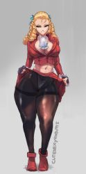 Rule 34 | 1girl, alternate costume, blonde hair, boots, breasts, brown eyes, cleavage, clothes lift, curvy, cutesexyrobutts, drill hair, full body, grey background, hair ribbon, highres, hip focus, kanzuki karin, large breasts, long hair, looking at viewer, midriff, mole, mole on stomach, navel, panties, panties under pantyhose, pantyhose, red eyes, ribbon, signature, simple background, skirt, skirt lift, smile, smirk, solo, standing, stomach, street fighter, street fighter v, thick thighs, thighs, tumblr username, underwear, white panties, wide hips