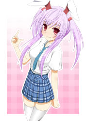 Rule 34 | 1girl, alternate costume, alternate hairstyle, animal ears, bad id, bad pixiv id, blue necktie, blue skirt, blush, bow, contemporary, endou iketani, female focus, gradient background, hair bobbles, hair bow, hair ornament, long hair, looking at viewer, miniskirt, necktie, outline, plaid, plaid skirt, pleated skirt, purple hair, rabbit ears, red eyes, reisen udongein inaba, shirt, short sleeves, sidelocks, skirt, smile, solo, thighhighs, touhou, twintails, white shirt, white thighhighs