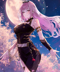 Rule 34 | 1girl, \||/, armpit crease, bare shoulders, black collar, black dress, black tiara, blush, bracer, breasts, cherry blossoms, collar, commentary request, cowboy shot, detached sleeves, dress, floating hair, gold armlet, gold trim, grin, half moon, highres, hololive, hololive english, jewelry, large breasts, long hair, looking at viewer, maro2ki3, moon, mori calliope, mori calliope (1st costume), night, night sky, pink eyes, pink hair, pink nails, red tassel, see-through, see-through sleeves, side slit, sidelocks, single detached sleeve, sky, sleeveless, sleeveless dress, smile, solo, star (sky), starry sky, teeth, thick eyelashes, tiara, tree, very long hair, virtual youtuber, white veil