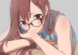 Rule 34 | 1girl, bare arms, bare shoulders, blue shirt, blush, brown eyes, brown hair, closed mouth, collared shirt, copyright request, crossed arms, doushimasho, glasses, grey background, hair between eyes, long hair, looking at viewer, shirt, simple background, sleeveless, sleeveless shirt, smile, solo