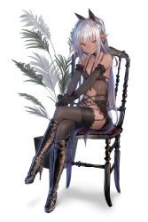 Rule 34 | 1girl, absurdres, babydoll, bare shoulders, black footwear, black gloves, black ribbon, black thighhighs, boots, breasts, chair, chuuko (deluxe&lt;&lt;&lt;), collarbone, commentary request, crossed legs, dark-skinned female, dark elf, dark skin, deluxe&lt;&lt;&lt;, elbow gloves, elf, full body, garter straps, gloves, hair ribbon, high heel boots, high heels, highres, knee boots, lace, lace-trimmed legwear, lace trim, lingerie, long hair, looking at viewer, navel, original, parted lips, plant, pointy ears, ponytail, potted plant, red eyes, ribbon, silver hair, simple background, sitting, small breasts, solo, thighhighs, underwear, very long hair, white background