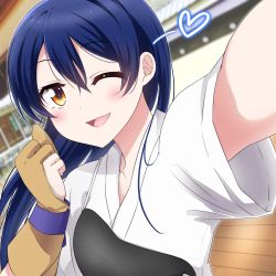 Rule 34 | 1girl, ;), artist name, artist request, blue hair, blush, breasts, clenched hand, collarbone, female focus, gloves, hair between eyes, highres, indoors, japanese clothes, kimono, long hair, long sleeves, looking at viewer, love live!, love live! school idol festival, love live! school idol project, muneate, one eye closed, parted lips, partially fingerless gloves, single glove, smile, solo, sonoda umi, upper body, white kimono, yellow eyes