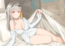 Rule 34 | 1girl, absurdres, bandaged head, bandages, breasts, cleavage, closed mouth, goddess of victory: nikke, grey hair, hair ribbon, highres, large breasts, light blush, long hair, looking at viewer, lying, modernia (first affection) (nikke), modernia (nikke), off-shoulder shirt, off shoulder, official alternate costume, on bed, on side, peroinnu, red eyes, ribbon, shirt, sidelocks, smile, solo, under covers, white shirt, yellow ribbon