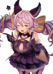 Rule 34 | 1girl, animal ears, armpit crease, bare shoulders, black dress, black gloves, blush, braid, breasts, calpish, cleavage, cleavage cutout, clothing cutout, dress, elbow gloves, garter straps, gloves, granblue fantasy, index finger raised, large breasts, long hair, looking at viewer, one eye closed, open mouth, petticoat, pink eyes, pink hair, satyr (granblue fantasy), simple background, solo, twintails, white background