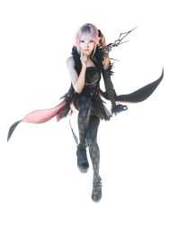 Rule 34 | 10s, 1girl, absurdres, bare shoulders, black thighhighs, blue eyes, boots, female focus, final fantasy, final fantasy xiii, highres, lightning returns: final fantasy xiii, lumina (ffxiii), official art, pink hair, short hair, simple background, sitting, skirt, solo, square enix, thighhighs, white background, zettai ryouiki