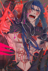 Rule 34 | 1boy, abs, angry, blood, blood splatter, blue hair, bodypaint, cape, cu chulainn (fate), cu chulainn (fate) (all), cu chulainn (fate/stay night), cu chulainn alter (fate), cu chulainn alter (fate/grand order), cu chulainn alter (third ascension) (fate), dark blue hair, dark persona, detached hood, earrings, elbow gloves, facepaint, fate/grand order, fate (series), fur-trimmed cape, fur trim, gae bolg (fate), gloves, highres, holding, holding polearm, holding weapon, hood, hood up, incoming attack, jewelry, lancer, long hair, male focus, muscular, muscular male, navel, norinobu, open mouth, polearm, red eyes, sharp teeth, solo, spiked hair, spikes, teeth, tongue, topless male, twitter username, weapon