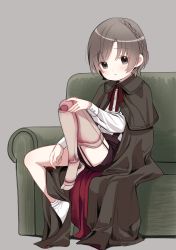 Rule 34 | 1boy, amputee, black cape, black shorts, blush, braid, cape, capelet, child, couch, grey background, high-waist shorts, highres, looking at viewer, male focus, original, piko (pixiv), prosthesis, prosthetic leg, shorts, simple background, sitting, socks, solo, trap