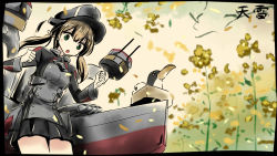 Rule 34 | 10s, 1girl, :o, box, brown hair, failure penguin, flower, gloves, green eyes, hat, heavens thunder (byakuya-part2), highres, kantai collection, looking at viewer, marker (medium), miss cloud, open mouth, peaked cap, pleated skirt, prinz eugen (kancolle), short hair, short twintails, signature, skirt, solo, traditional media, twintails, uniform, white gloves