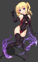 Rule 34 | 1girl, armpits, black background, black thighhighs, blonde hair, blurry, bodysuit, bokeh, boots, breasts, cleavage cutout, clothing cutout, covered collarbone, covered erect nipples, depth of field, diffraction spikes, elbow gloves, enu naitsu, full body, gloves, halterneck, head tilt, knees together feet apart, leaning to the side, leotard, neon trim, simple background, skin tight, solo, thigh boots, thighhighs, twintails