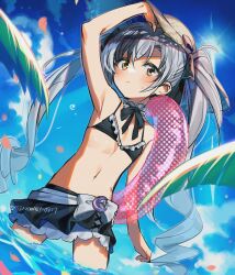 1boy :t arm_up bare_arms bare_shoulders bikini black_bikini black_hair blue_sky blush bow closed_mouth cloud crossdressing day frilled_bikini frills grey_bow grey_hair hair_between_eyes highres innertube long_hair looking_at_viewer male_focus multicolored_hair navel nijisanji ninahachi outdoors palm_tree petals pouch sky small_sweatdrop solo streaked_hair suzuki_masaru sweat swim_ring swimsuit transparent tree twintails twitter_username very_long_hair virtual_youtuber wading water