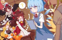 Rule 34 | 6+girls, ?, absurdres, apron, ascot, bird wings, black hair, black skirt, black vest, black wings, blonde hair, blue bow, blue dress, blue eyes, blue hair, book, bow, brown hair, camera, cirno, daiyousei, detached sleeves, detached wings, dress, flandre scarlet, food, fox tail, frilled bow, frilled hair tubes, frills, fruit, game cg, green hair, hair bow, hair tubes, hakurei reimu, hat, hat bow, hat ribbon, highres, holding, holding book, holding camera, ice, ice wings, kirisame marisa, long hair, mandarin orange, mob cap, multiple girls, multiple tails, neck ribbon, non-web source, official art, one eye closed, open mouth, pinafore dress, pom pom (clothes), puffy short sleeves, puffy sleeves, red bow, red eyes, red hat, red ribbon, red skirt, remilia scarlet, ribbon, ribbon-trimmed sleeves, ribbon trim, shameimaru aya, shirt, short hair, short sleeves, siblings, sisters, skirt, skirt set, sleeveless, sleeveless dress, smile, sweat, tail, takki (takkiko), tokin hat, touhou, touhou hero of ice fairy, vest, waist apron, white bow, white shirt, wings, witch hat, yakumo ran, yellow ascot, yellow eyes