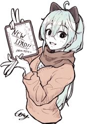 Rule 34 | 1girl, ahoge, animal ears, artist name, bilingual, blush, brown scarf, cat ears, coezi2, fake animal ears, green hair, hairband, highres, holding, holding stylus, mixed-language text, mole, mole under eye, original, parted lips, scarf, signature, smile, solo, stylus, upper body