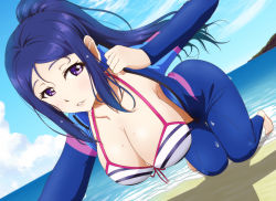 Rule 34 | 10s, 1girl, bikini, bikini top only, blue hair, bodysuit, breasts, cleavage, diving suit, highres, large breasts, long hair, love live!, love live! school idol project, love live! sunshine!!, matsuura kanan, ocean, ponytail, purple eyes, striped bikini, striped clothes, swimsuit, water, wet, wetsuit