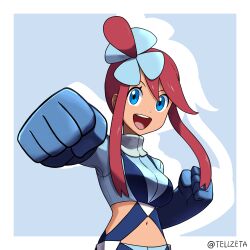 Rule 34 | 1girl, :d, blue eyes, blue gloves, blue jacket, blue shorts, breasts, clenched hands, colored shadow, commentary request, commission, cowboy shot, creatures (company), crop top, cropped jacket, drop shadow, elbow gloves, game freak, gloves, hair ornament, harness, highres, jacket, looking at viewer, medium breasts, midriff, navel, nintendo, one side up, open mouth, pixiv commission, pokemon, pokemon bw, red hair, shadow, shorts, skyla (pokemon), smile, solo, standing, swept bangs, teeth, tellzeta, turtleneck, twitter username, upper teeth only