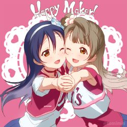Rule 34 | 2girls, blue hair, blush, cheek-to-cheek, choker, commentary request, flower, grey hair, hair between eyes, hair flower, hair ornament, happy maker!, heads together, heart, holding hands, interlocked fingers, long hair, looking at viewer, love live!, love live! school idol festival, love live! school idol project, minami kotori, multiple girls, one-hour drawing challenge, one eye closed, one side up, open mouth, smile, sonoda umi, text focus, tomiwo, yellow eyes