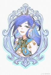 Rule 34 | 1girl, blue hair, breasts, crown, dana (ys), eien galaxy ko, hair over one eye, highres, long hair, looking at viewer, open mouth, parted bangs, picture frame, portrait, sidelocks, simple background, small breasts, smile, solo, white background, ys, ys viii lacrimosa of dana