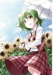 Rule 34 | 1girl, :d, ascot, bibi02, day, field, flower, flower field, green hair, highres, holding, kazami yuuka, looking at viewer, open mouth, parasol, plaid, plaid skirt, plaid vest, red eyes, scan, short hair, skirt, sky, smile, solo, sunflower, sunflower field, touhou, umbrella, vest