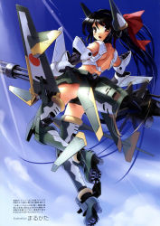 Rule 34 | 1girl, absurdres, black hair, black panties, blue sky, boots, bow, brown eyes, choker, cloud, day, detached sleeves, elbow gloves, from behind, gatling gun, gloves, gun, hair bow, high heels, highres, katahira masashi, kyuushuu j7w shinden, long hair, looking back, mc axis, mecha musume, open mouth, original, panties, personification, ponytail, propeller, scan, shoes, sky, solo, sunlight, thigh boots, thighhighs, underwear, very long hair, weapon