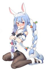 Rule 34 | 1girl, animal ear fluff, animal ears, bare shoulders, black gloves, black pantyhose, blue hair, blush, braid, bridal garter, cameltoe, carrot hair ornament, coat, covering privates, covering chest, creature, detached sleeves, don-chan (usada pekora), embarrassed, eyebrows, food-themed hair ornament, full body, fur-trimmed coat, fur-trimmed gloves, fur trim, gloves, hair ornament, highres, hikimayu, hololive, hop3, leotard, loafers, long hair, looking at viewer, multicolored hair, pantyhose, playboy bunny, rabbit ears, rabbit girl, scarf, shoes, short sleeves, simple background, sitting, solo, strapless, strapless leotard, twin braids, two-tone hair, usada pekora, usada pekora (1st costume), virtual youtuber, wariza, white background, white coat, white hair, white pantyhose, yellow eyes