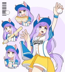 Rule 34 | + +, 1girl, absurdres, animal ears, baseball, baseball bat, baseball cap, blue wristband, commentary, cowboy shot, cup, disposable cup, drinking straw, ears through headwear, eating, food, hat, highres, holding, holding baseball bat, holding food, horse ears, horse girl, horse tail, hot dog, mejiro mcqueen (let&#039;s go! yes!?) (umamusume), mejiro mcqueen (umamusume), multiple views, official alternate costume, open mouth, popcorn, purple eyes, purple hair, short sleeves, skirt, smile, soulmaster uwu, symbol-only commentary, tail, teeth, umamusume, upper teeth only, v-shaped eyebrows, wristband, yellow skirt