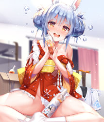 Rule 34 | 1girl, alcohol, animal ear fluff, animal ears, blue hair, blurry, blurry background, bottle, box, breasts, commentary request, double bun, drunk, hair bun, highres, hololive, japanese clothes, kimono, looking at viewer, mogmog, no panties, obi, official alternate costume, open mouth, rabbit ears, rabbit girl, red kimono, sash, sitting, small breasts, solo, squeans, tabi, thick eyebrows, usada pekora, usada pekora (new year), virtual youtuber, wine bottle