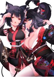 Rule 34 | 2girls, animal ears, ariko, azur lane, black hair, blue eyes, blush, breasts, butterfly hair ornament, cat ears, cleavage, collarbone, commentary request, floral print, fusou (azur lane), hair ornament, japanese clothes, large breasts, long hair, looking at viewer, multiple girls, obi, open mouth, paw pose, red eyes, sash, short hair, smile, thighhighs, white legwear, yamashiro (azur lane)