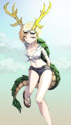 Rule 34 | 1girl, absurdres, alternate costume, arms behind back, blonde hair, blue background, blue shorts, breasts, cleavage, cloud, collarbone, commentary request, dragon horns, dragon tail, eyewear on head, foot out of frame, front-tie top, gradient background, highres, horns, kicchou yachie, leg lift, looking at viewer, medium breasts, midriff, navel, red eyes, sandals, shirt rolled up, short hair, short shorts, short sleeves, shorts, slit pupils, smile, solo, standing, standing on one leg, sunglasses, sunnysideup, swept bangs, tail, touhou, turtle shell
