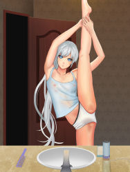 Rule 34 | 1girl, armpits, arms up, barefoot, bathroom, blue eyes, breasts, brush, cellphone, covered erect nipples, highres, leg up, long hair, nipples, panties, phone, plantar flexion, ponytail, rwby, scar, scar across eye, scar on face, see-through, silver hair, sink, small breasts, smartphone, solo, split, spread legs, standing, standing on one leg, stretching, tank top, underwear, very long hair, weiss schnee, white panties, zhao shixuan