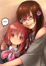 Rule 34 | 2girls, age difference, blush, bow, brown eyes, brown hair, child, glasses, highres, hug, little busters!, long hair, muk (monsieur), multiple girls, natsume rin, onee-loli, pink bow, ponytail, portrait, real life, red-framed eyewear, red eyes, school uniform, spoken blush, tamiyasu tomoe, voice actor, voice actor connection, yuri