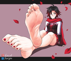Rule 34 | 1girl, ahoge, artist logo, artist name, bare legs, barefoot, black hair, breasts, cloak, commentary, commission, corset, crossed ankles, english commentary, falling petals, feet, foot focus, foreshortening, full body, hair between eyes, legs, letterboxed, lewdsaiga, looking at viewer, medium breasts, medium hair, multicolored hair, nail polish, patreon logo, petals, pixiv logo, purple background, red cloak, red nails, ruby rose, rwby, shadow, sitting, soles, solo, streaked hair, toe scrunch, toenail polish, toenails, toes