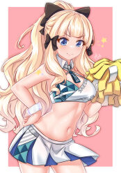 Rule 34 | 1girl, absurdres, alternate costume, arada (corsair zero), arm tattoo, blonde hair, blue archive, blue eyes, blunt bangs, bow, breasts, character name, cheerleader, commentary request, criss-cross halter, detached collar, hair bow, hair ribbon, halo, halterneck, hand on own hip, highres, holding, holding pom poms, leaning forward, long hair, looking at viewer, medium breasts, millennium cheerleader outfit (blue archive), navel, pointy ears, pom pom (cheerleading), pom poms, ponytail, princess connect!, ribbon, saren (princess connect!), sidelocks, simple background, smile, solo, star tattoo, stomach, tattoo, two-tone background, wavy hair