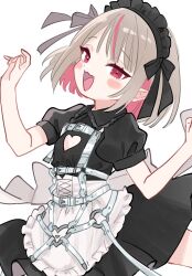 Rule 34 | 1girl, apron, black dress, black headdress, blush stickers, clothing cutout, dress, fang, flat chest, grey hair, harness, heart cutout, highres, maid, maid headdress, makaino ririmu, makaino ririmu (5th costume), multicolored hair, nijisanji, open mouth, pink hair, pointy ears, red eyes, short hair, short sleeves, simple background, smile, solo, sukoyaka (100hituzi), two-tone hair, virtual youtuber, white apron, white background
