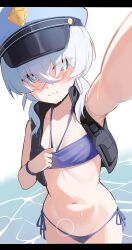 Rule 34 | 1girl, :3, absurdres, bikini, blue archive, blue bikini, blue eyes, blush, clothes pull, flak jacket, flat chest, grey hair, hair over eyes, halo, hat, highres, jacket, looking at viewer, navel, peaked cap, police, police hat, reaching, reaching towards viewer, shirt pull, side-tie bikini bottom, simple background, solo, stomach, swimsuit, twintails, valkyrie police academy student (blue archive), vest, water, wet, white background, xubai