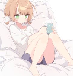 Rule 34 | 1girl, barefoot, blue shorts, blush, breasts, cup, green eyes, hair ornament, highres, holding, holding cup, indie virtual youtuber, light brown hair, medium breasts, mug, no pupils, pillow, pom pom (clothes), pom pom hair ornament, shigure ui (vtuber), shiramacu, shirt, shorts, sitting, solo, steam, virtual youtuber, white shirt