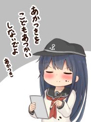 Rule 34 | 1girl, akatsuki (kancolle), anchor symbol, badge, black hair, black headwear, black sailor collar, calligraphy brush, closed eyes, commentary request, kantai collection, long hair, neckerchief, nepty (silkey vod), paintbrush, paper, red neckerchief, sailor collar, school uniform, serafuku, smile, smug, solo, translation request, two-tone background, upper body