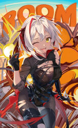 Rule 34 | 1girl, absurdres, ambience synesthesia, arknights, auguste, black gloves, black pantyhose, breasts, cleavage, demon girl, demon horns, explosion, gloves, grey hair, highres, horns, large breasts, looking at viewer, one eye closed, open mouth, pantyhose, short hair, smile, solo, tongue, tongue out, torn clothes, torn pantyhose, w (arknights), w (wanted) (arknights), yellow eyes