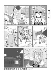 Rule 34 | alcohol, bottle, comic, crescent moon, cup, dated, drawer, drinking glass, closed eyes, greyscale, hat, kantai collection, ma rukan, mini hat, monochrome, moon, night, night sky, open mouth, pola (kancolle), sky, smile, solid oval eyes, sweat, table, thick eyebrows, translation request, trembling, wine, wine bottle, wine glass, zara (kancolle)