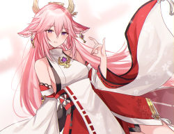 Rule 34 | 1girl, animal ears, bare shoulders, breasts, commentary request, detached sleeves, ear piercing, fox shadow puppet, genshin impact, hair between eyes, hand up, kinona, long hair, long sleeves, looking at viewer, medium breasts, parted lips, piercing, pink hair, purple eyes, red skirt, shirt, skirt, sleeveless, sleeveless shirt, smile, solo, very long hair, white shirt, white sleeves, wide sleeves, yae miko