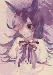 Rule 34 | 1girl, animal ears, black hair, bow, bowtie, brooch, eyes visible through hair, gloves, hair over one eye, highres, horse ears, horse girl, jewelry, kokemozuku, large bow, long hair, looking to the side, own hands together, parted lips, puffy short sleeves, puffy sleeves, purple eyes, purple theme, rice shower (umamusume), shirt, short sleeves, sketch, solo, steepled fingers, symbol-only commentary, umamusume, upper body, white shirt
