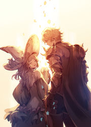 Rule 34 | 1boy, 1girl, armor, cape, capelet, closed eyes, commentary request, cowboy shot, cupping hands, dress, frilled dress, frills, from behind, gauntlets, gawain (granblue fantasy), granblue fantasy, hands up, hat, highres, lennah, long hair, looking at another, open mouth, own hands together, pauldrons, petals, short hair, shoulder armor, sweatdrop, witch hat, zinnkousai3850