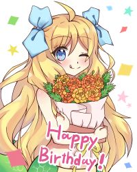 Rule 34 | 1girl, ;p, absurdres, blonde hair, blue eyes, blush, bouquet, bud, fern, flower, haidoro, hair ribbon, highres, holding, holding bouquet, jashin-chan, jashin-chan dropkick, long hair, looking at viewer, monster girl, hugging object, one eye closed, orange flower, ribbon, star (symbol), tongue, tongue out, white background, yellow flower