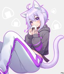 Rule 34 | 1girl, ahoge, animal ear fluff, animal ears, black collar, black hoodie, blush, cat ears, cat girl, cat tail, collar, commentary request, feet out of frame, food, food on face, grey background, hair between eyes, hands up, highres, holding, holding food, hololive, hood, hood down, hoodie, long sleeves, looking at viewer, nekomata okayu, nekomata okayu (1st costume), onigiri, pants, puffy long sleeves, puffy sleeves, purple eyes, purple hair, purple outline, rice, rice on face, sakura chiyo (konachi000), signature, sleeves past wrists, solo, tail, virtual youtuber, white pants